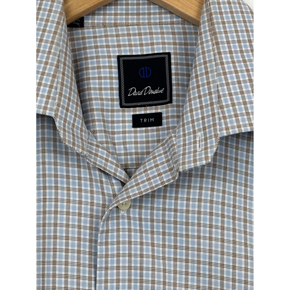 David‎ Donahue Mens Dress Shirt 16 32/33 Trim Fit Blue Brown Plaid 100% Cotton